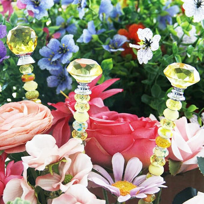 119 Pcs Garden Stake DIY Fairy Wand Plant Stake with Yellow Large Hole Beads Crystal Diamond Stopper Top 4 Stainless Steel Threaded Rod Beaded Garden Stakes for Outdoor Indoor Yard Patio Decorations