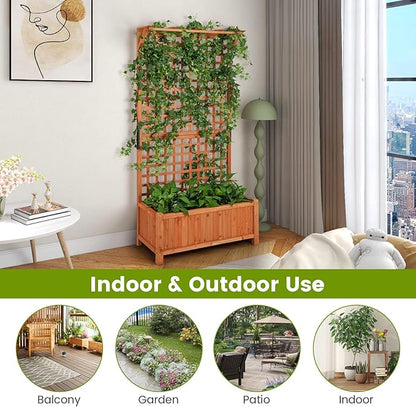 HAPPYGRILL Raised Garden Bed with Trellis, 72.5" Planter Raised Bed with Drainage Holes, Freestanding Garden Box for Vine Climbing Plants, Wooden Planter Box for Yard Balcony (1, Orange)