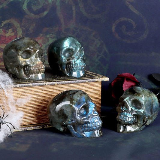 3" Labradorite Crystal Skull Figurine Decor Healing Stones Carved Luminous Stone Skull Head Statue Sculpture Ornaments