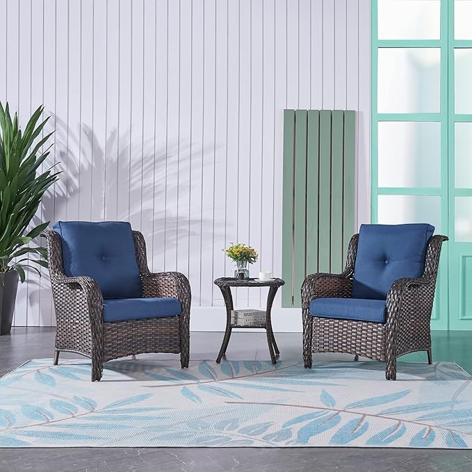 Rilyson Patio Bistro Set Wicker Chairs - 3 Piece Outdoor Rattan Conversation Set with 2 Armrest Chair and 1 Side Table for Proch Deck Garden Backyard Balcony(Brown/Blue)