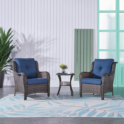 Rilyson Patio Bistro Set Wicker Chairs - 3 Piece Outdoor Rattan Conversation Set with 2 Armrest Chair and 1 Side Table for Proch Deck Garden Backyard Balcony(Brown/Blue)