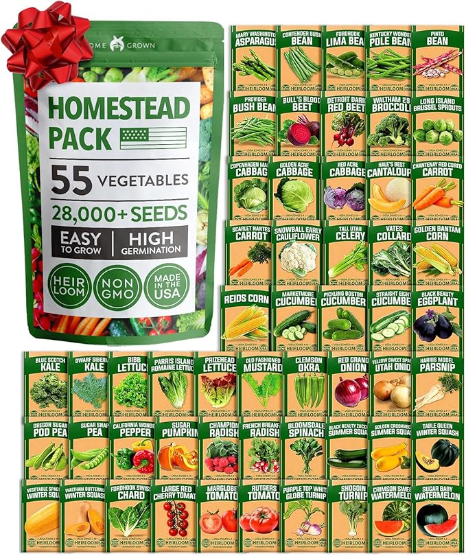 HOME GROWN 𝗨𝗦𝗔 𝗣𝗥𝗘𝗠𝗜𝗨𝗠 55 Vegetable Seeds Pack 28,000+ Non-GMO Heirloom Seeds for Planting Vegetables, Survival Seed Vault, Garden Kit for Spring Fall Winter, Gift for Gardeners