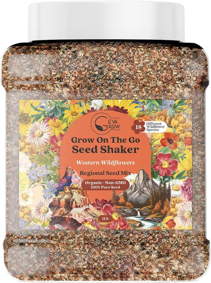 GevaGrow - Western Wildflower Seeds Regional Mix - Organic, Non-GMO - 100% Pure Seed - 18 Different Wildflowers Seeds of Annual and Perennial, 1LB Tub