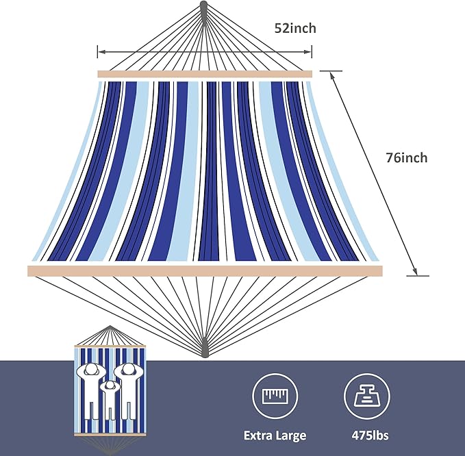 SUNCREAT Rope Hammocks 2 Person Hammock with Stand, Portable Patio Hammock with 13.5 ft Wooden Stand, Blue Stripes