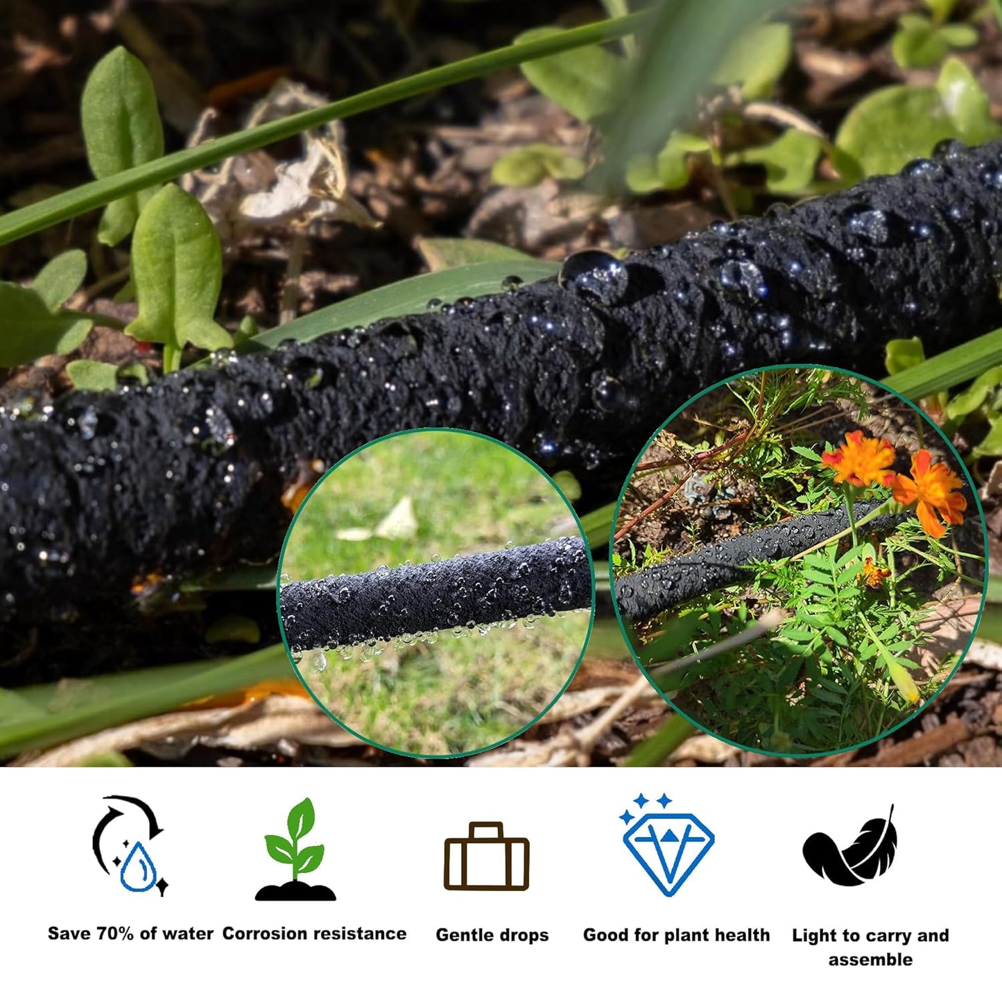 Customizable Soaker Hose System, 1/2inch 50ft Rubber Hose with 25ft PVC Garden Hose, Drip Irrigation Watering Hose with Reinforced Fittings for Flowers Bed Foundation, Lawn, Vegetable, Tree