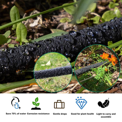 Customizable Soaker Hose System, 1/2inch 50ft Rubber Hose with 25ft PVC Garden Hose, Drip Irrigation Watering Hose with Reinforced Fittings for Flowers Bed Foundation, Lawn, Vegetable, Tree