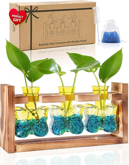 Nacome Butterfly Vase Propagation Stations: Glass Plant Terrarium with Wooden Stand for Home Office Desk Decor, Unique Gifts for Plant Lovers Women Mom (Yellow)