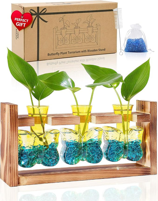 Nacome Butterfly Vase Propagation Stations: Glass Plant Terrarium with Wooden Stand for Home Office Desk Decor, Unique Gifts for Plant Lovers Women Mom (Yellow)