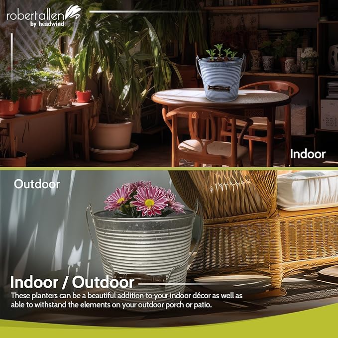 Headwind Vintage Collection - Floral Galvanized White Wash Planter with Handles – 12 Inch Flower Pots Decorative Plant Indoor – Plant Pots Indoor with Drainage by Robert Allen