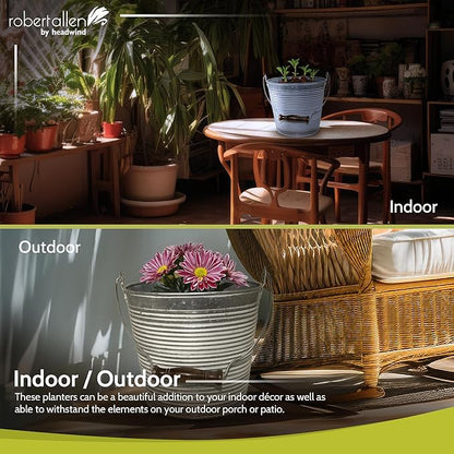 Headwind Vintage Collection - Floral Galvanized White Wash Planter with Handles – 12 Inch Flower Pots Decorative Plant Indoor – Plant Pots Indoor with Drainage by Robert Allen