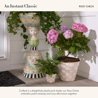 MACKENZIE-CHILDS Enamel Garden Pot, Decorative Pot for Plants, Outdoor Flowerpot Decor, Extra Large, Pink-and-White Rosy Check