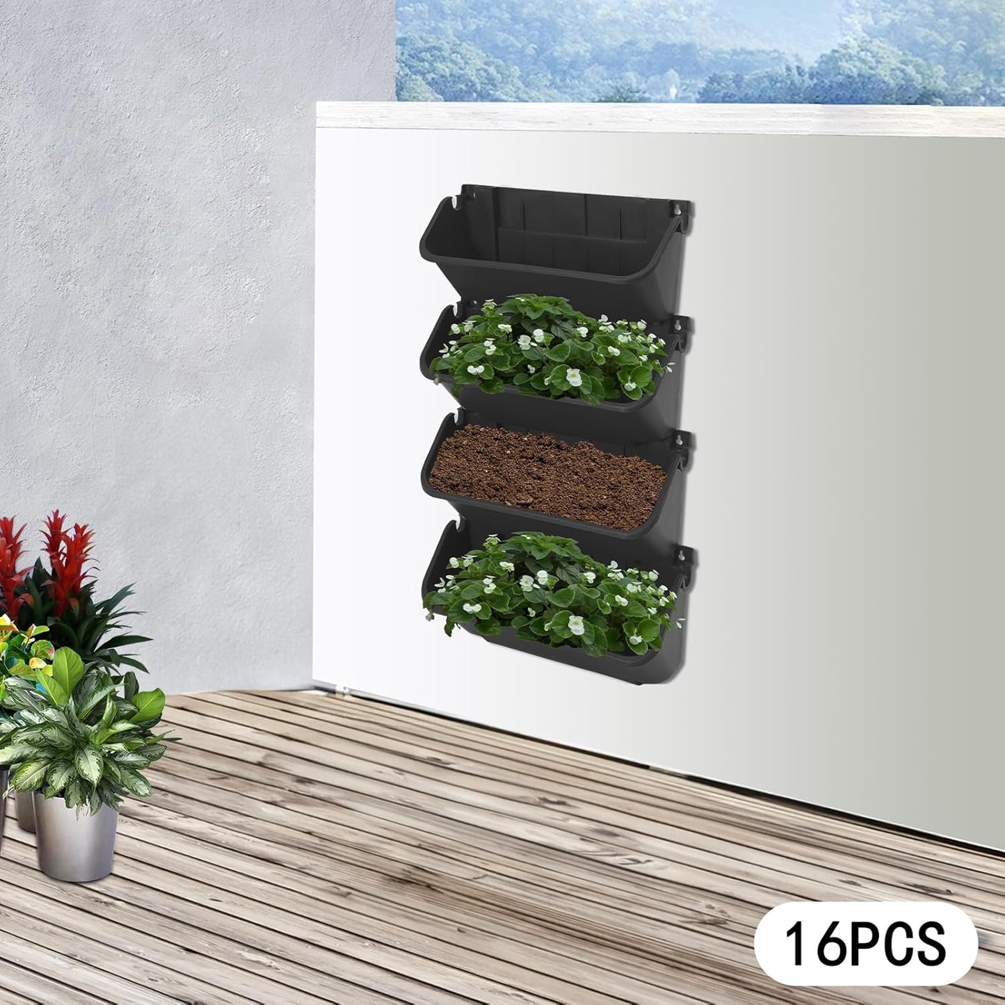 Eapmic Vertical Wall Planter with 16 Pots, Hanging Garden Plant Flowerpot Holder, Stackable Wall-Mounted Planter, Balcony Planters for Flowers Vegetables Fruits (Black, 16 Pots)