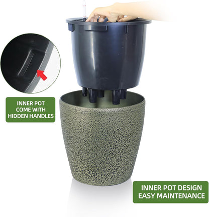 Dexceder 15x14 Self Watering Planter with Wheels Indoor Outdoor, Inner Pot Design, Thickened Large Floor Standing Flower Plant Pot with Water Level Indicator (Black Gold Crackle)