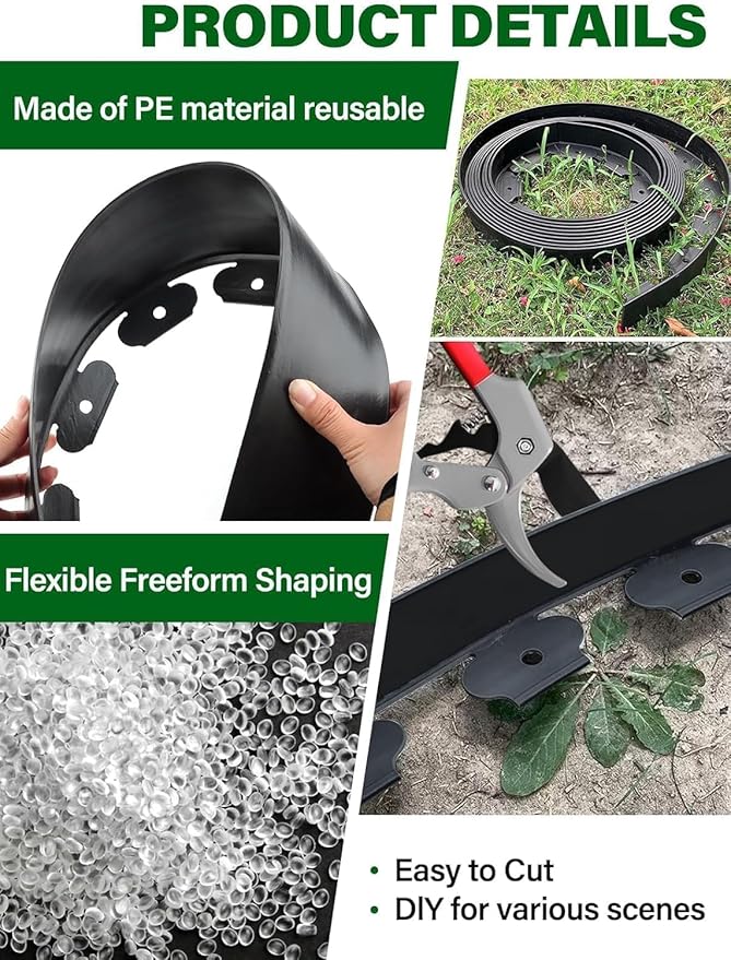 Kalolary Landscape Edging, 40FT x 4 Inch Tall Plastic Garden Lawn Edging Border with 36 U Spikes, 3 Connector for Landscaping Garden, Flower Beds (Black)