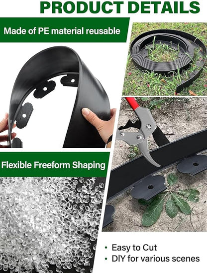 Kalolary Landscape Edging, 40FT x 4 Inch Tall Plastic Garden Lawn Edging Border with 36 U Spikes, 3 Connector for Landscaping Garden, Flower Beds (Black)