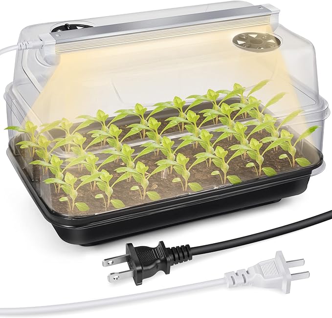 Saillong Seed Starter Tray with T8 Grow Light, Seedling Heat Tray with 15'' x 8.2'' Adjustable Height Humidity Domes, Plant Germination Propagation Kit for Planting Seeds, Mini Greenhouse Indoor
