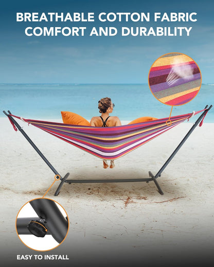 Double Hammock with Heavy-Duty Steel Stand,Portable,Easy Assembly,600lbs Weight Capacity,Perfect for Indoor,Yard,Camping,or Outdoor-Rainbow