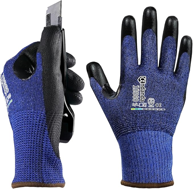 ANDANDA Cut Resistant Gloves Level C, 3D Comfort Stretch Fit, PU Coated Work Gloves with Power Grip, Ideal Work Gloves for Men/Women Handle Glass, Sharp Metal, Blue(XL),1Pair