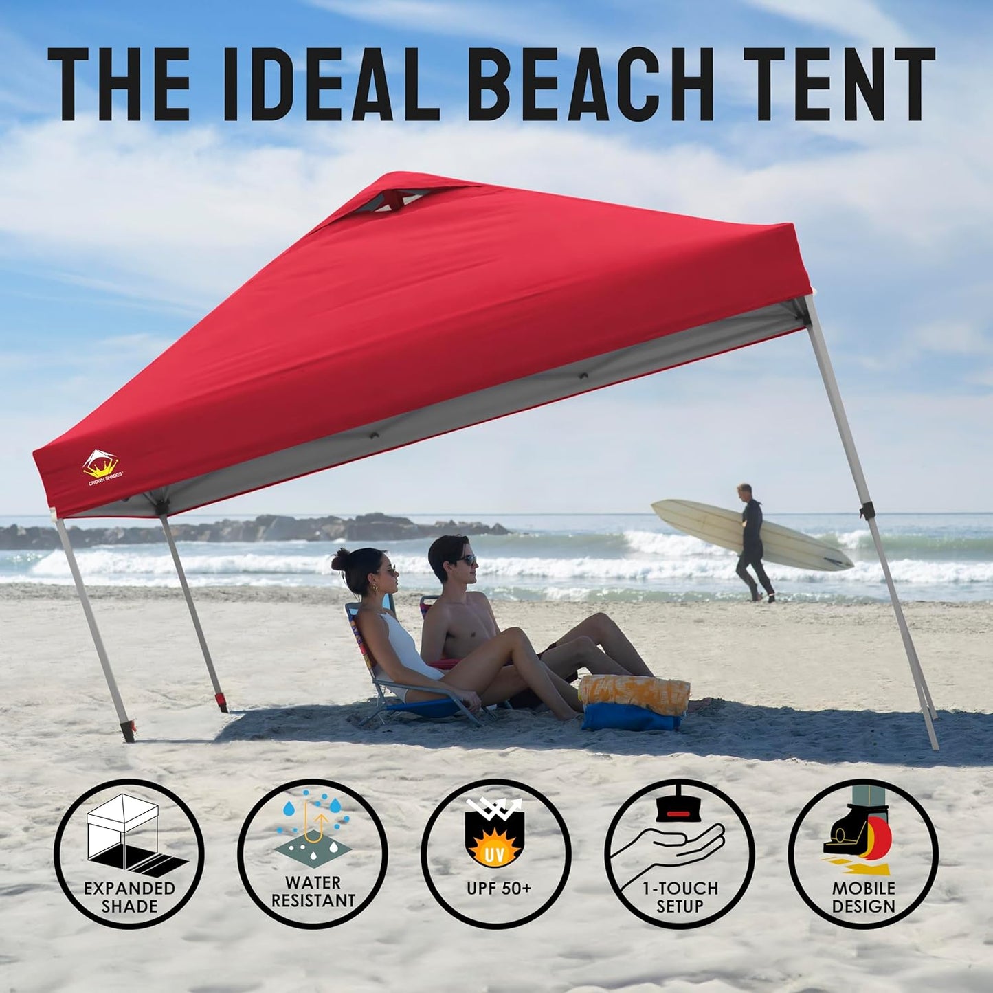 CROWN SHADES 10x10 Pop Up Canopy Tent - Patented Center Lock One Push Instant Outdoor Canopy Beach Tent with STO-N-Go Bag 8 Stakes & 4 Sand Bags，Red