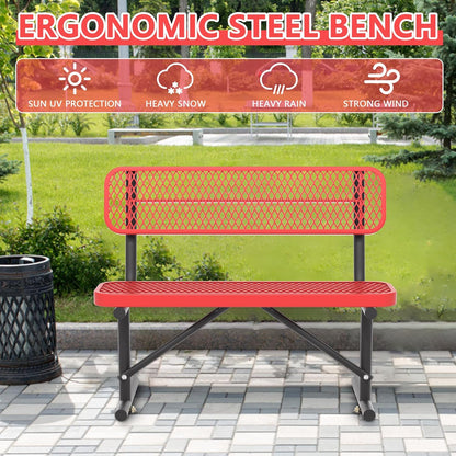Heavy Duty Park Bench with Back Portable Frame, Outdoor Steel Bench with Backrest, Outdoor Park Bench Expanded Metal Mesh Bench for Lawn, Park, Deck, Garden, Patio, Porch, Black (Red, 4FT)