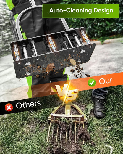 Saker Lawn Aerator Tool, Lawn Aerator with 15 Iron Spikes, Automatic Leaf and Dirt Cleaning with Spring-Loaded Design, Metal Manual Aerator for Loosening Soil Aerating Patio, Yard, Garden Orange