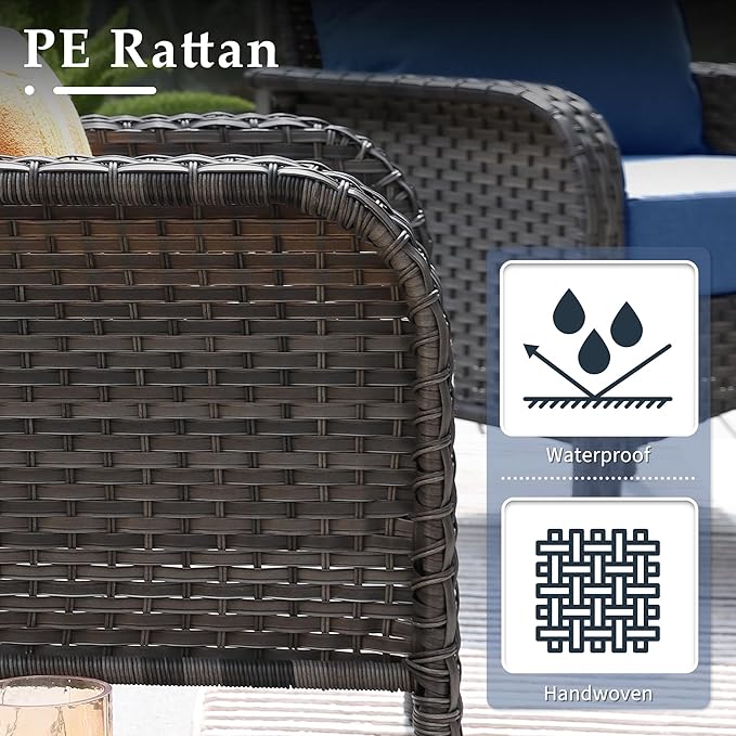 6-Piece Wicker Patio Furniture Set, All-Weather Rattan Conversation Bistro Loveseat Chair and Table Set for Backyard, Balcony and Deck with Soft Cushions and Metal Table(Blue)