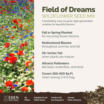Eden Brothers Field of Dreams Flower Mixed Seeds for Planting, 1/4 lb, 120,000+ Seeds with German Chamomile, Cornflower | Attracts Pollinators, Plant in Spring or Fall, Zones 3, 4, 5, 6, 7, 8, 9, 10