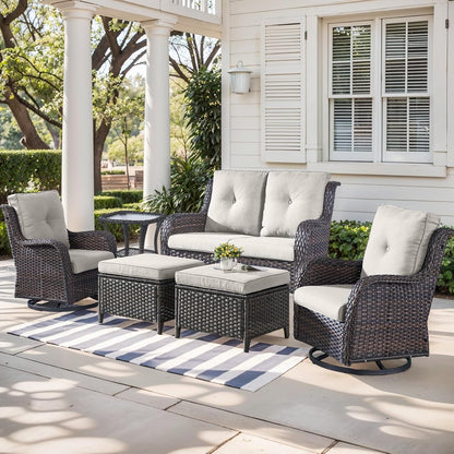 Outdoor Wicker Patio Furniture Set - 6 Piece Rattan Patio Conversation Set with 2 Rocking Swivel Chairs,2 Ottomans,1 Loveseat and 1 Side Table for Porch Deck Backyard Garden(Brown/Beige)