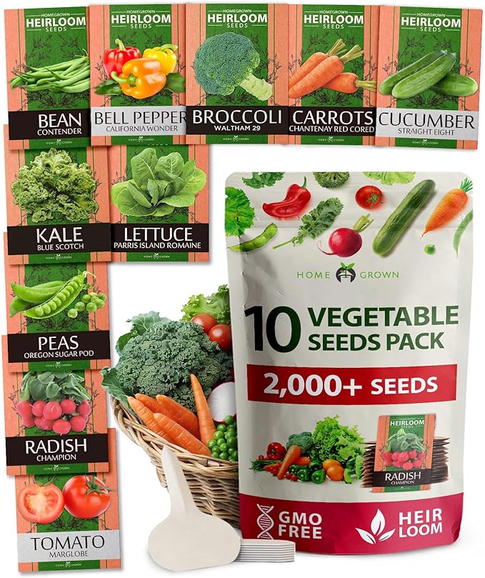 HOME GROWN Premium USA-Grown Vegetable Seeds - 10 Variety Pack with 5,800+ Non-GMO Heirloom Seeds for Planting - Garden Vegetable Seeds for Indoor & Outdoor Planting - Survival Seed Vault Kit