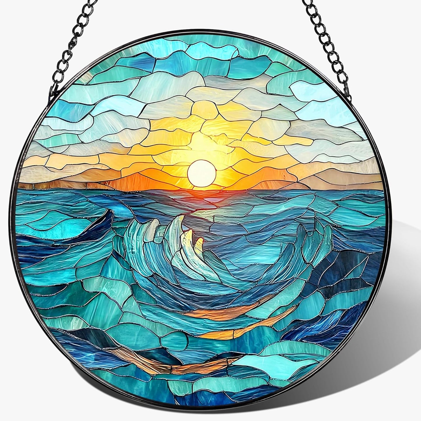 Stained Glass Window Hanging, Pauyadu 8 Inch Beach Stained Glass Suncatcher, Window Decoration Hanging, Sunrise Lover Gift, Natural Gift, Beach Home Decor, Gifts for Family, Friends, Colleagues