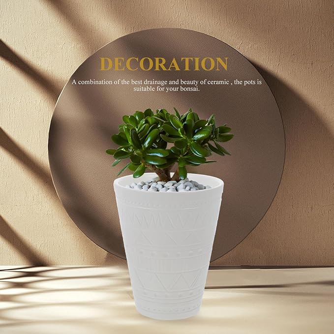Ceramic Bonsai Planter with Geometric Pattern Indoor Plant Pot for Balcony Round Nursery Pot with Drainage White Glossy Flower Container for Office and Decor