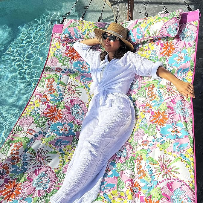 Lazy Daze Hammocks 12 FT Quilted Fabric Hammock with Curved Aluminium Spreader Bar, Outside Double Thickened Hammock with Soft Pillow, Side Pocket 450 Lbs Capacity for Patio, Poolside, Floral