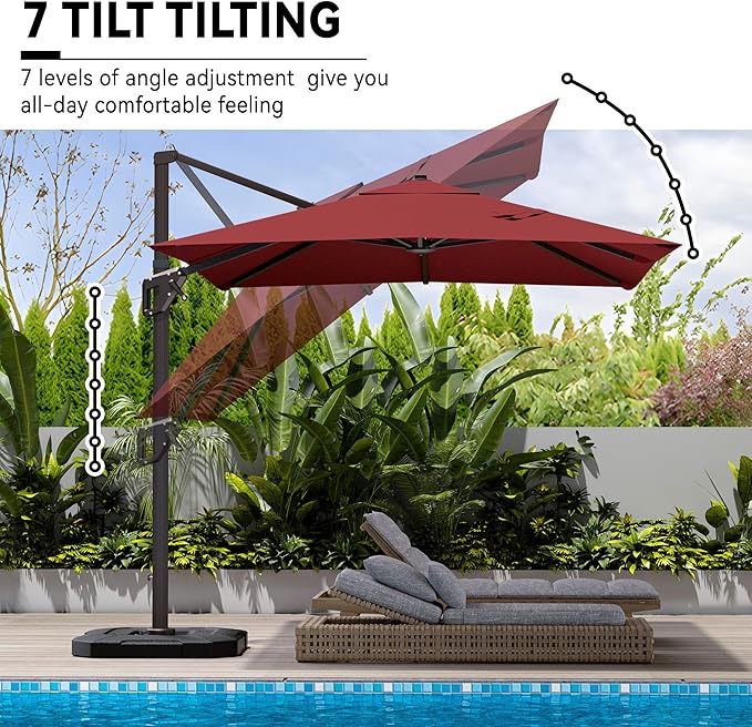 9' X 12' Cantilever Patio Umbrella with Base Included 360°Rotation Rectangular Outdoor Large Offset Umbrellas Heavy Duty Windproof for Garden Deck Pool, Red