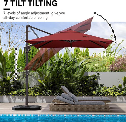 9' X 12' Cantilever Patio Umbrella with Base Included 360°Rotation Rectangular Outdoor Large Offset Umbrellas Heavy Duty Windproof for Garden Deck Pool, Red