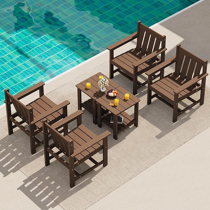 SERWALL 3 Pieces Patio Bistro Set, All Weather Adirondack Chair Set with Side Table, HDPE Material Outdoor Patio Furniture Set for Balcony, Porch, Garden, Backyard- Brown