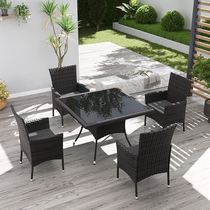 Kurapika 5-Piece Patio Furniture Outdoor Dining Set, Wicker Rattan Patio Dining Table and 4 Chairs Set, Square Tempered Glass Tabletop with Umbrella Hole, for Patio, Backyard, Grey