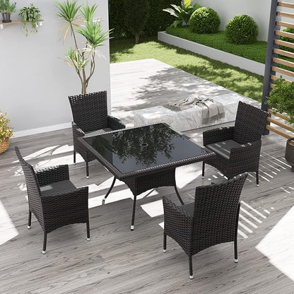 Kurapika 5-Piece Patio Furniture Outdoor Dining Set, Wicker Rattan Patio Dining Table and 4 Chairs Set, Square Tempered Glass Tabletop with Umbrella Hole, for Patio, Backyard, Grey