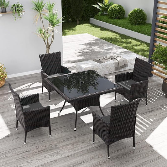 Kurapika 5-Piece Patio Furniture Outdoor Dining Set, Wicker Rattan Patio Dining Table and 4 Chairs Set, Square Tempered Glass Tabletop with Umbrella Hole, for Patio, Backyard, Grey