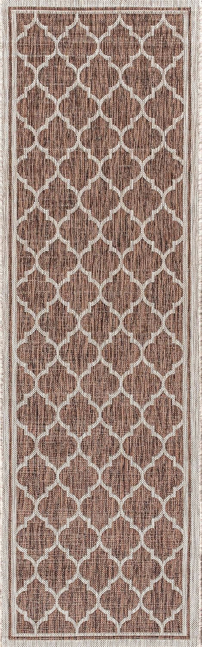 Eyely BMS109B-28 Santa Monica Trebol Moroccan Trellis Textured Weave Indoor/Outdoor Runner Rug Coastal;Bohemian, Bedroom, Backyard, Patio, Easy-Cleaning, Non-Shedding, 2 X 8, Espresso/Taupe