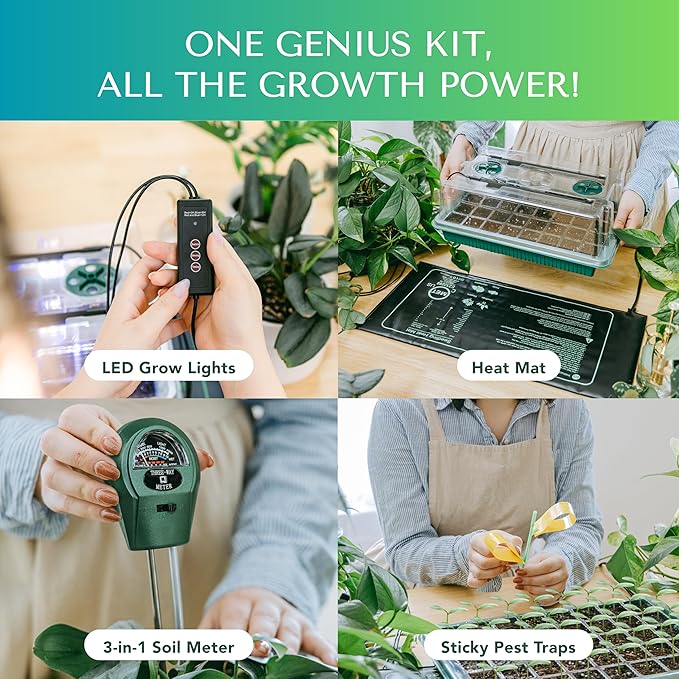 Seed Starter Kit with Grow Lights & Heat Mat – 40-Cell Seed Starter Tray, Humidity Dome, Soil Moisture Meter & Sticky Gnat Traps – Indoor Greenhouse & Plant Propagation Station