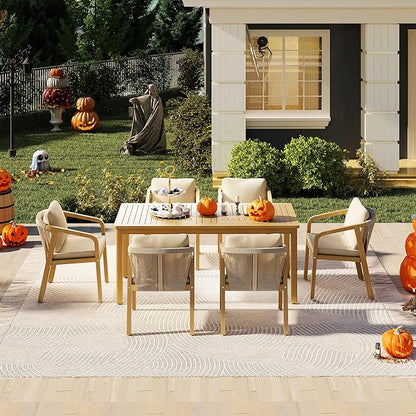 Wisteria Lane 7 Pieces Acacia Patio Dining Set for 6, Patio Dining Table and Chairs Set with Cushion, Modern Outdoor Dining Furniture Set for Lawn Backyard Garden Deck, Beige