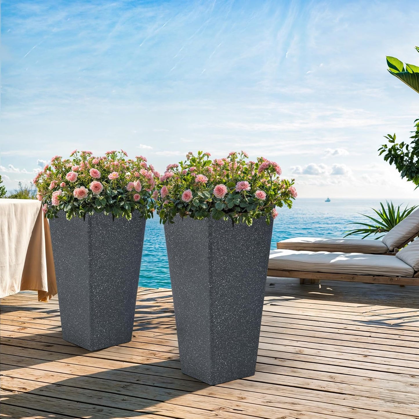 28" H Oversized Tall Planter Box for Outdoor Plants, Set of 2 Large V-Shaed Square Flower Pots, Modern Plant Container for Patio, Garden, Porch, Balcony or Indoor Home Decor, Back Terrazzo-Look