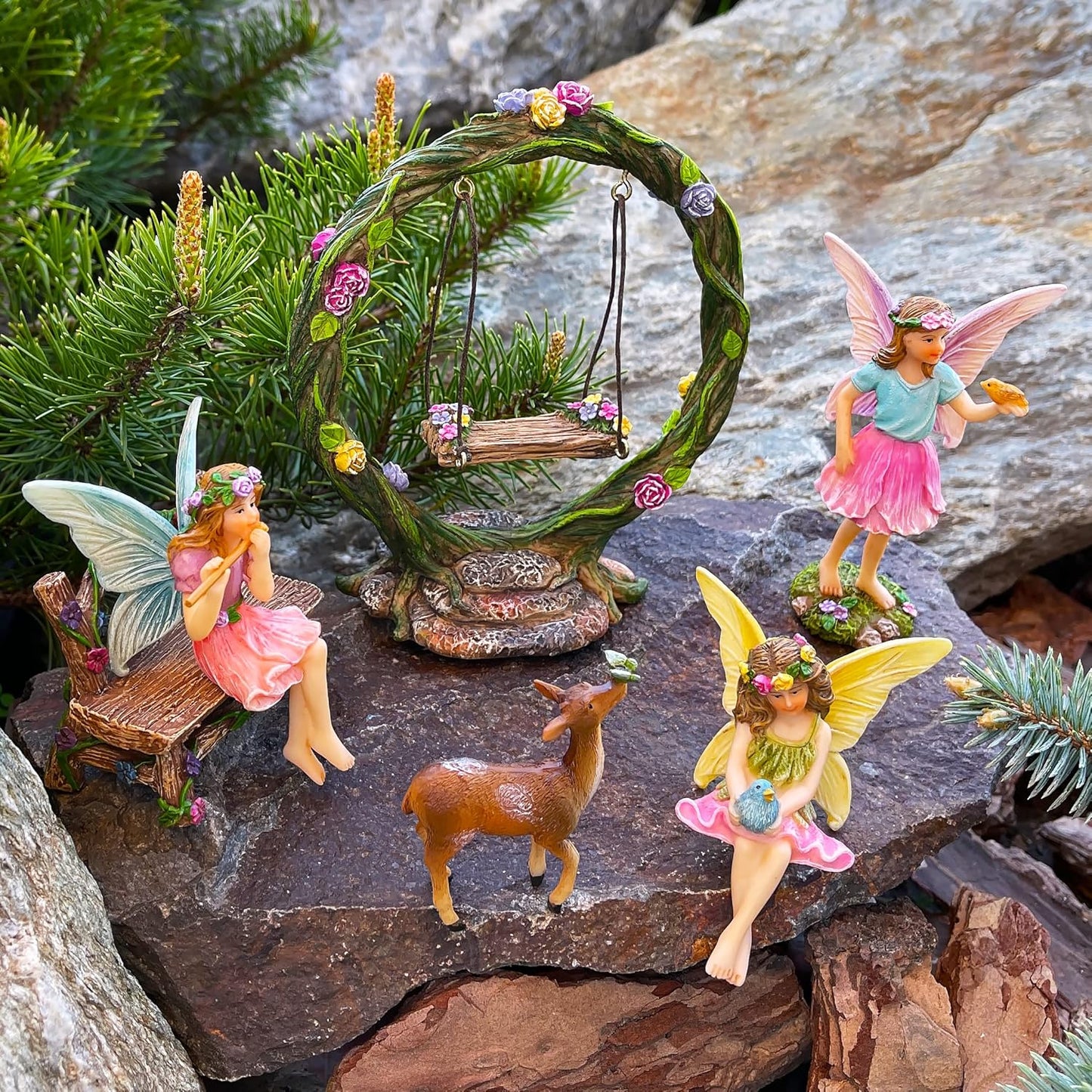 Mood Lab Fairy Garden Kit - Swing Set of 6 pcs Miniature Figurines & Accessories - Hand Painted for Outdoor or House Decor