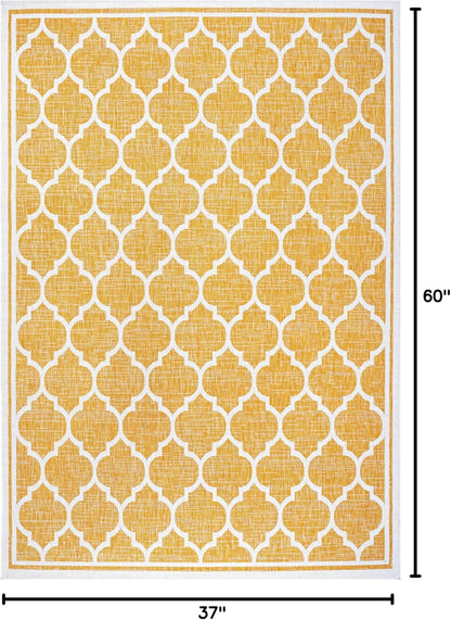 Eyely BMS109F-3 Santa Monica Trebol Moroccan Trellis Textured Weave Indoor/Outdoor Area Rug Coastal;Bohemian, Bedroom, Backyard, Patio, Easy-Cleaning, Non-Shedding, 3 X 5, Yellow/Cream