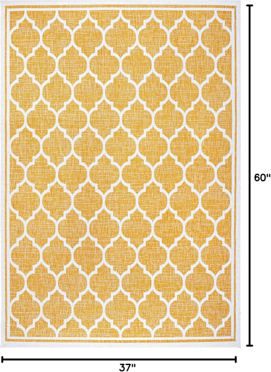 Eyely BMS109F-3 Santa Monica Trebol Moroccan Trellis Textured Weave Indoor/Outdoor Area Rug Coastal;Bohemian, Bedroom, Backyard, Patio, Easy-Cleaning, Non-Shedding, 3 X 5, Yellow/Cream