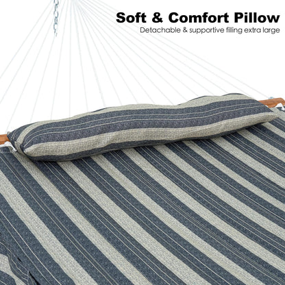 2 Person Hammocks for Outside, Double Quilted Fabric Outdoor Hammock with Spreader Bar, Large Removable Pillow, Storage Pockets, Carabiners, Max 475 lbs Capacity (Slate Grey)
