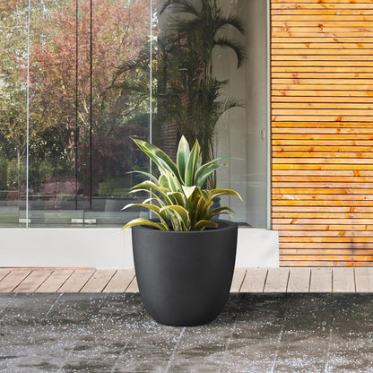 Kante 10 Inch Dia Round Concrete Planter, Indoor Outdoor Large Plant Pot with Drainage Hole and Rubber Plug for Home Patio Garden, Black