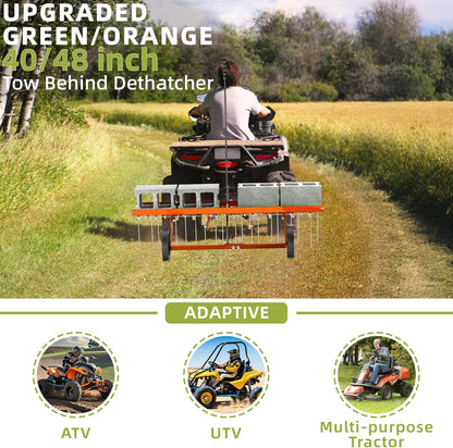40 Inch Orange Tow-Behind Dethatcher with 20 Spring Steel Tines, Pull Dethatcher for Outdoor Yard Care, Garden Farm Grass Tractor Rake to Remove Thatch, Leaves and Needles from Large Lawn Areas