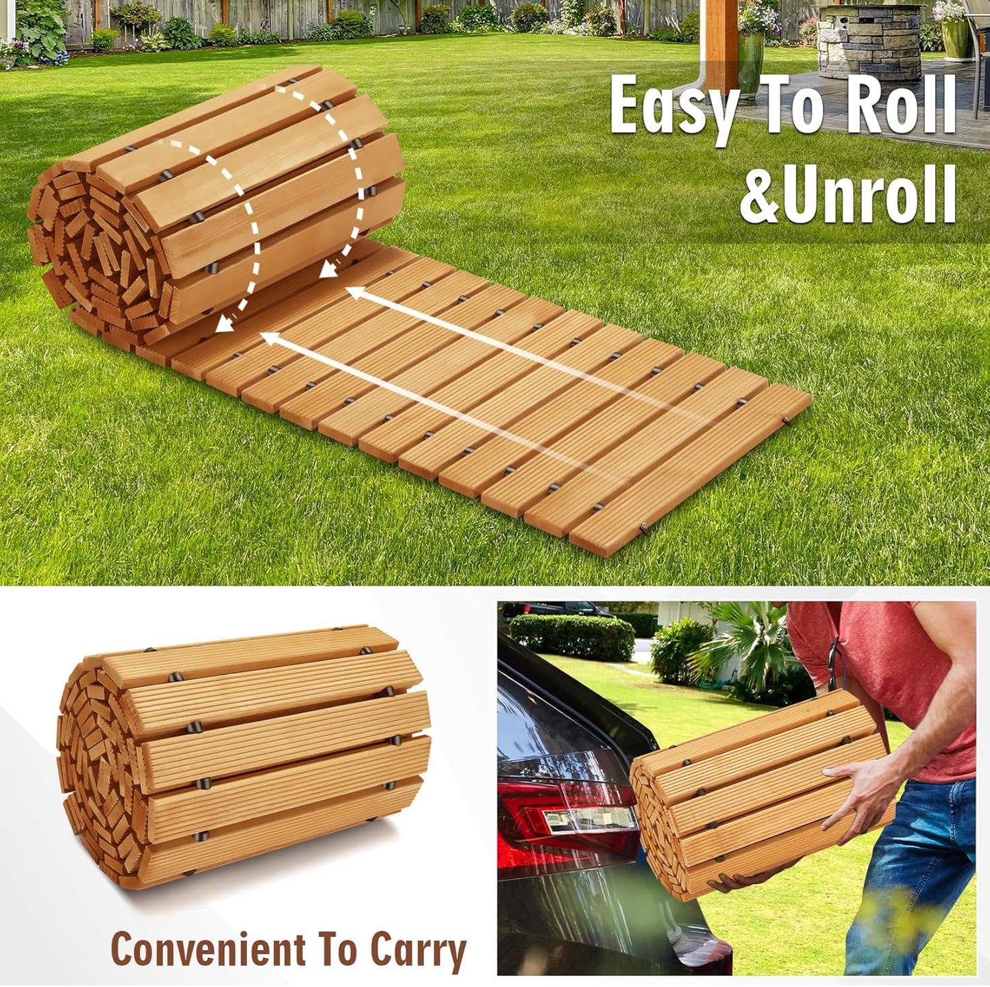 12FT Wooden Garden Pathway,Outdoor Roll Out Decorative Straight Walkway,Weather-Resistant Patio Path,Non-Slip Pavers Boardwalk for Garden, Backyard, Beach, Wedding Party Pathways