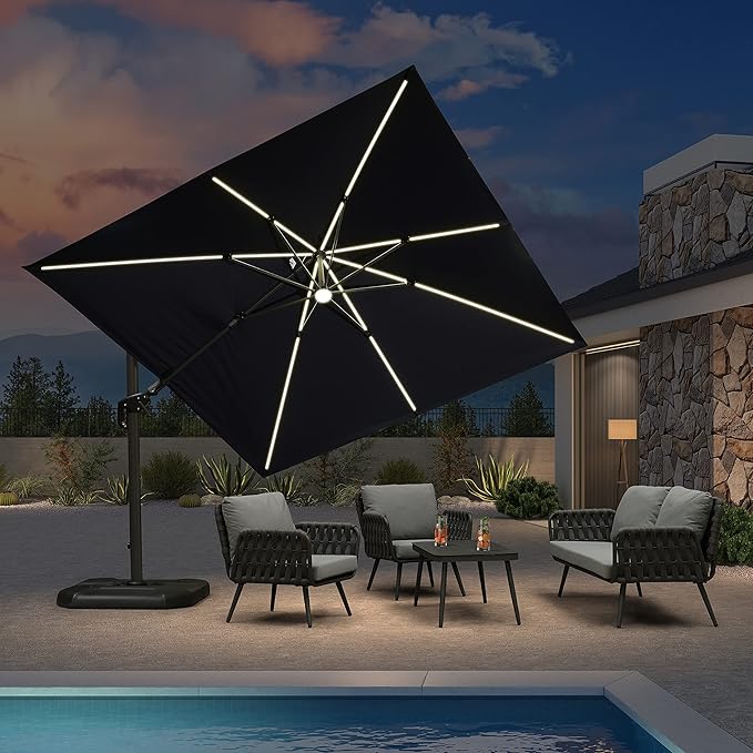 PURPLE LEAF 10 Feet Patio Umbrella Outdoor Cantilever Solar Powered LED Swivel Square Umbrella Aluminum Offset Umbrella with 360-degree Rotation for Garden Deck Pool Patio, Navy Blue